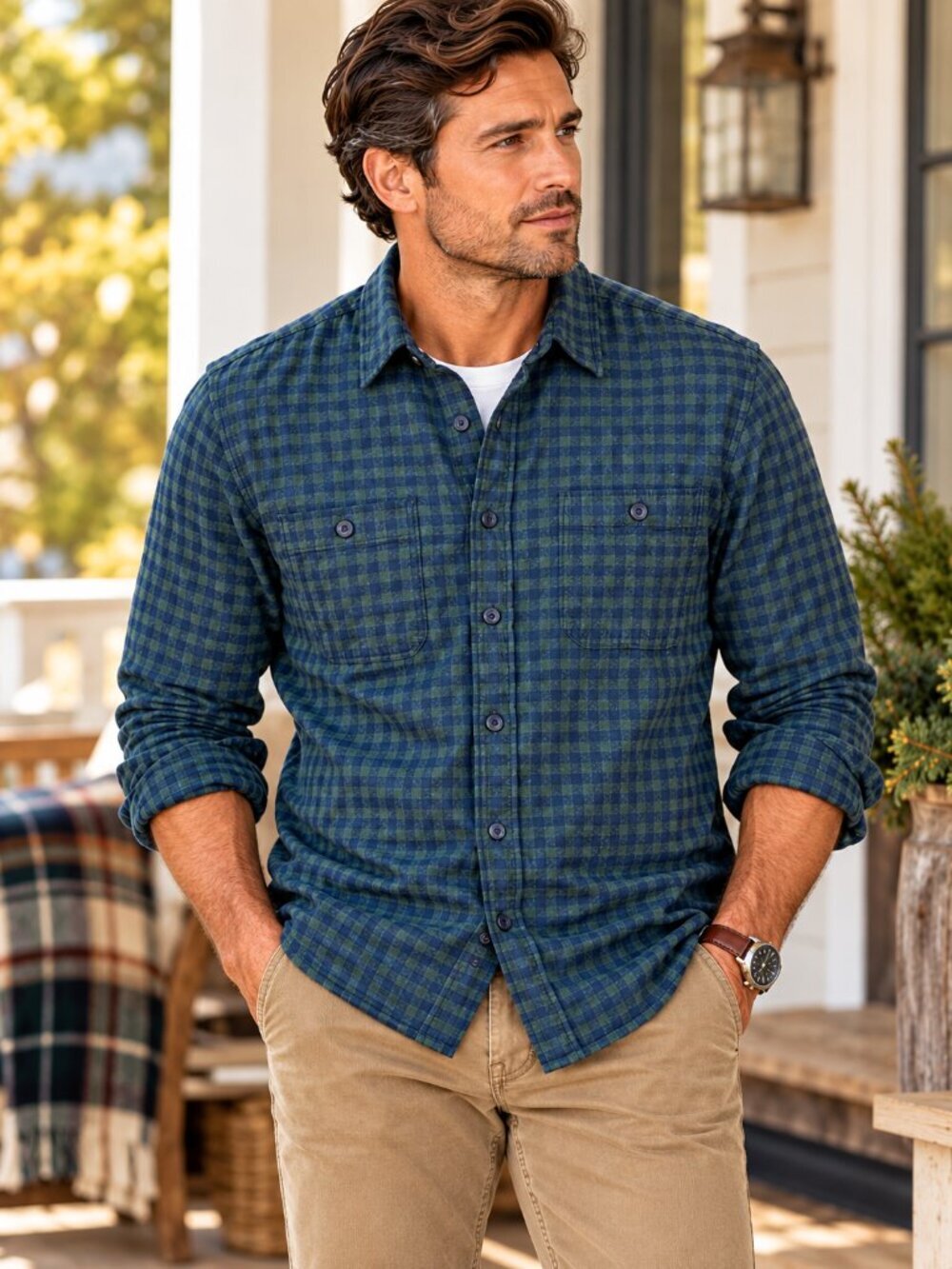 J. Crew Mens Blue Green Plaid Check Flannel Shirt Small S Rugged Preppy J5402